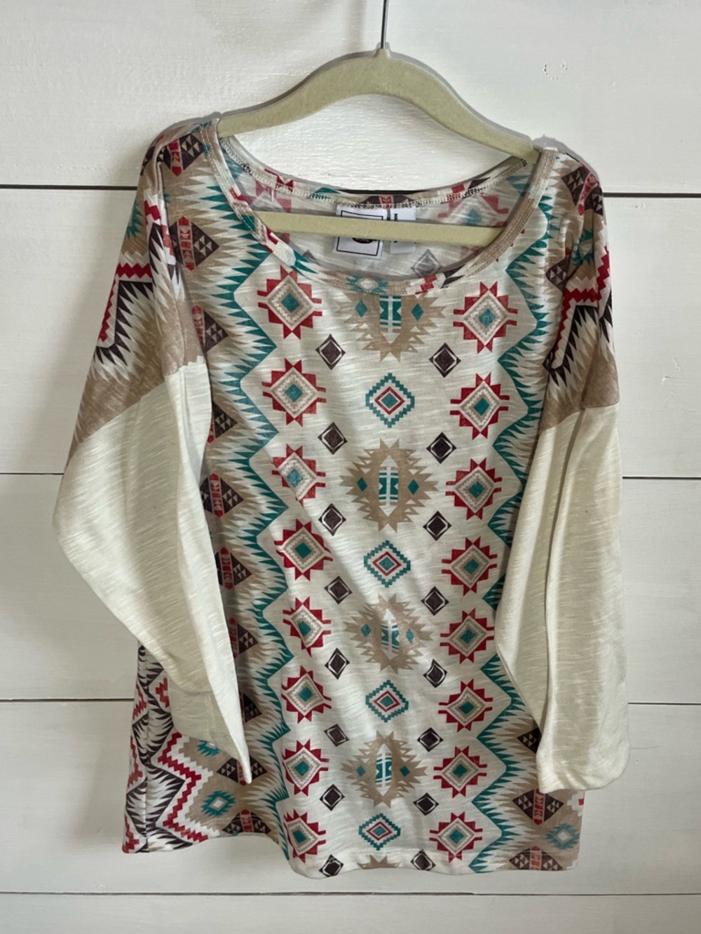 Cruel Girl Cream Aztec Scoop Neck 3/4 Sleeve Top with Teal & Red Accents